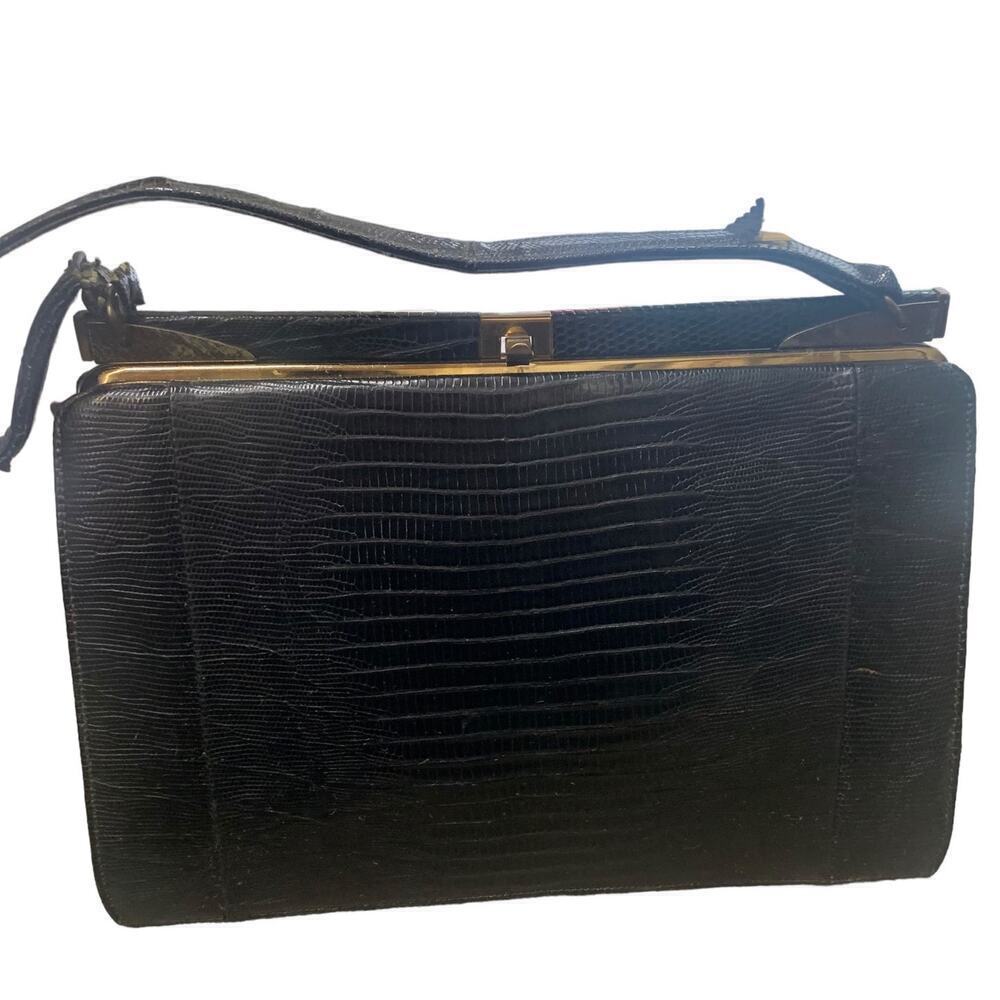 Vintage Bellestone Black Lizard Alligator‎ Cutch Handbag 1950s